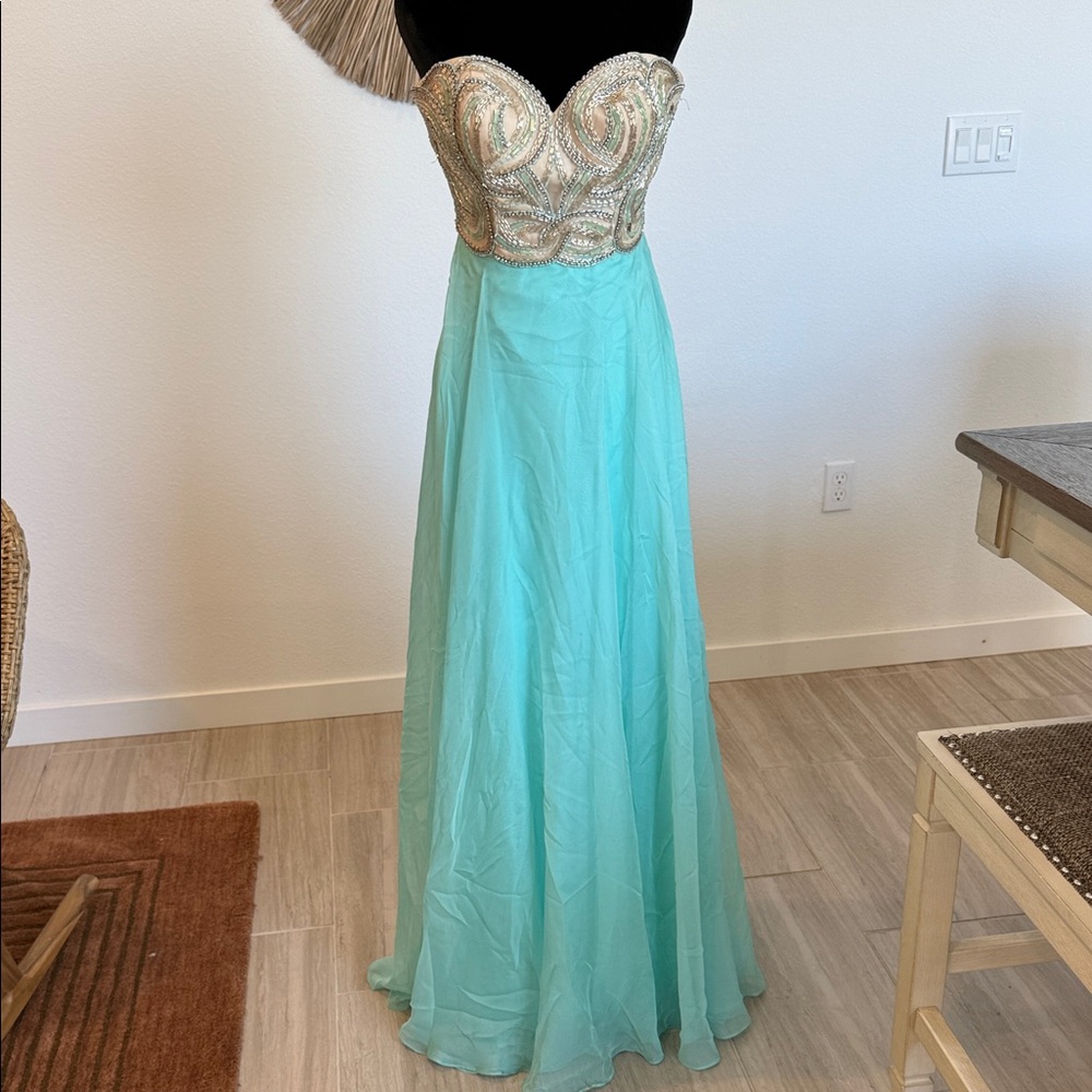 Elegant Strapless Gold and Aqua Dress